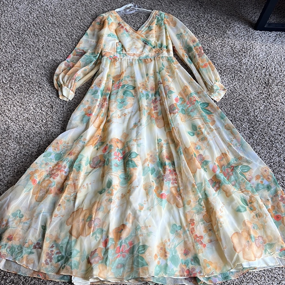 Vintage 70s Chiffon Yellow Floral Floor Length Dress Sz 14 By Union Made - Picture 3 of 16